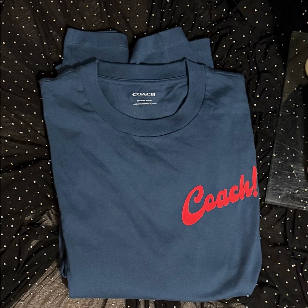 Coach Denim Boardwalk Specials Tee with Bold Red Script in Organic Cotton